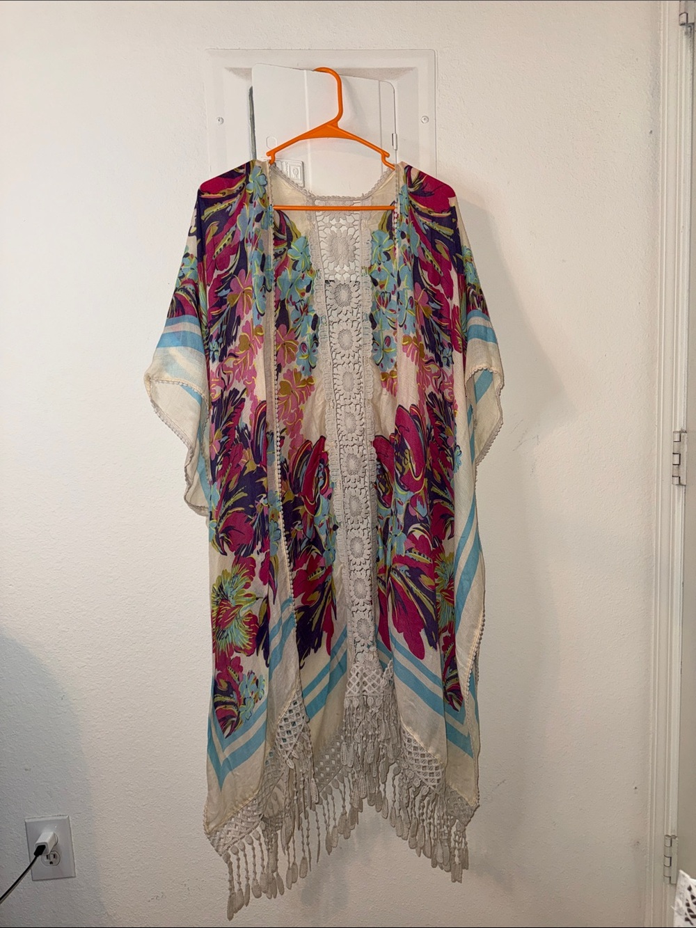 Boho Floral Crochet Trim Kimono - Cream, Fuchsia, Teal